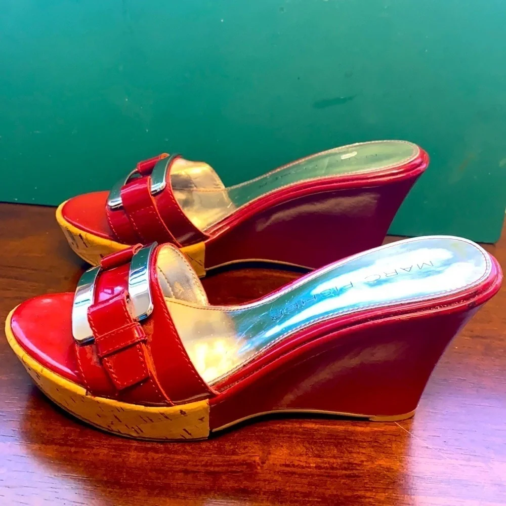 Women’s Marc Fisher Red Patent Leather with Silver Buckle Wedges Heels Size 6.5M